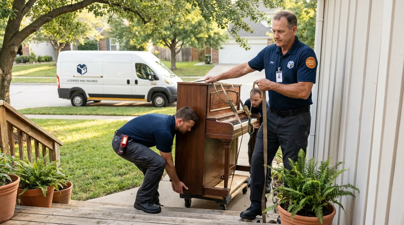 Licensed piano movers securing grand piano in Barrington, NJ