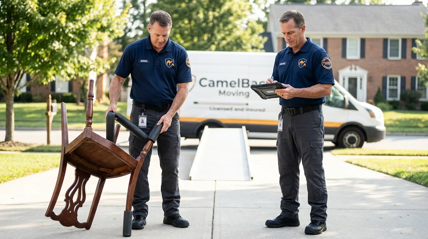 Movers inspecting furniture for damage prevention before loading in Barrington, NJ