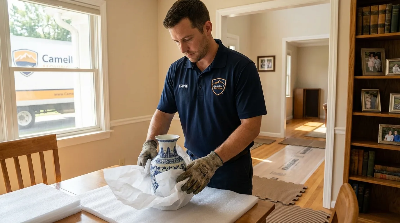 Professional crew carefully wrapping antique vase for senior downsizing move in Barrington, NJ